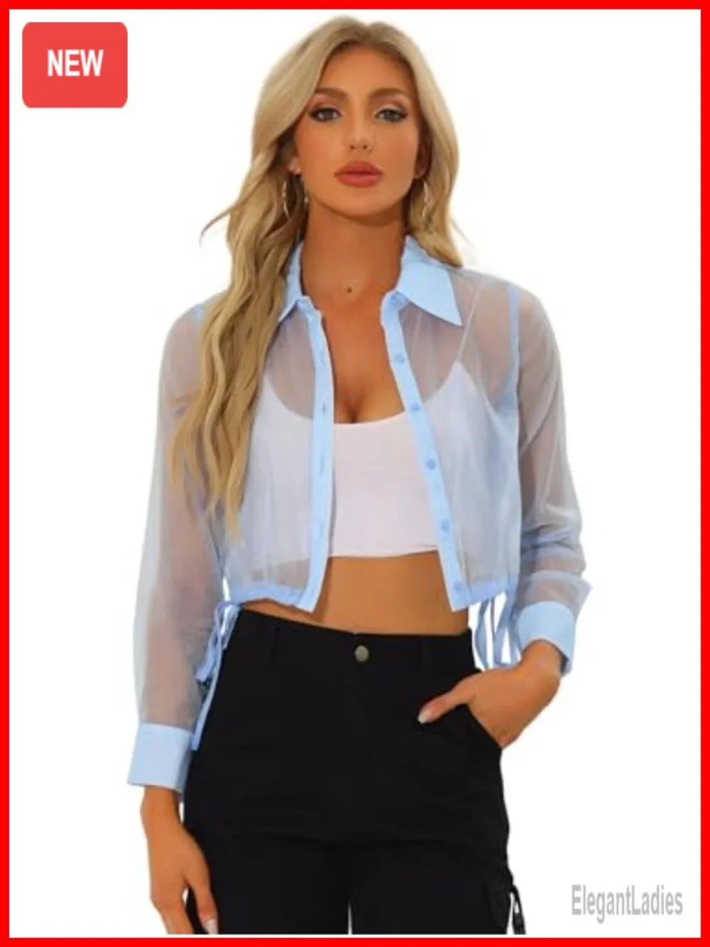 Sheer Long Sleeve Crop Jacket Button Down Drawstring Hem Mesh
